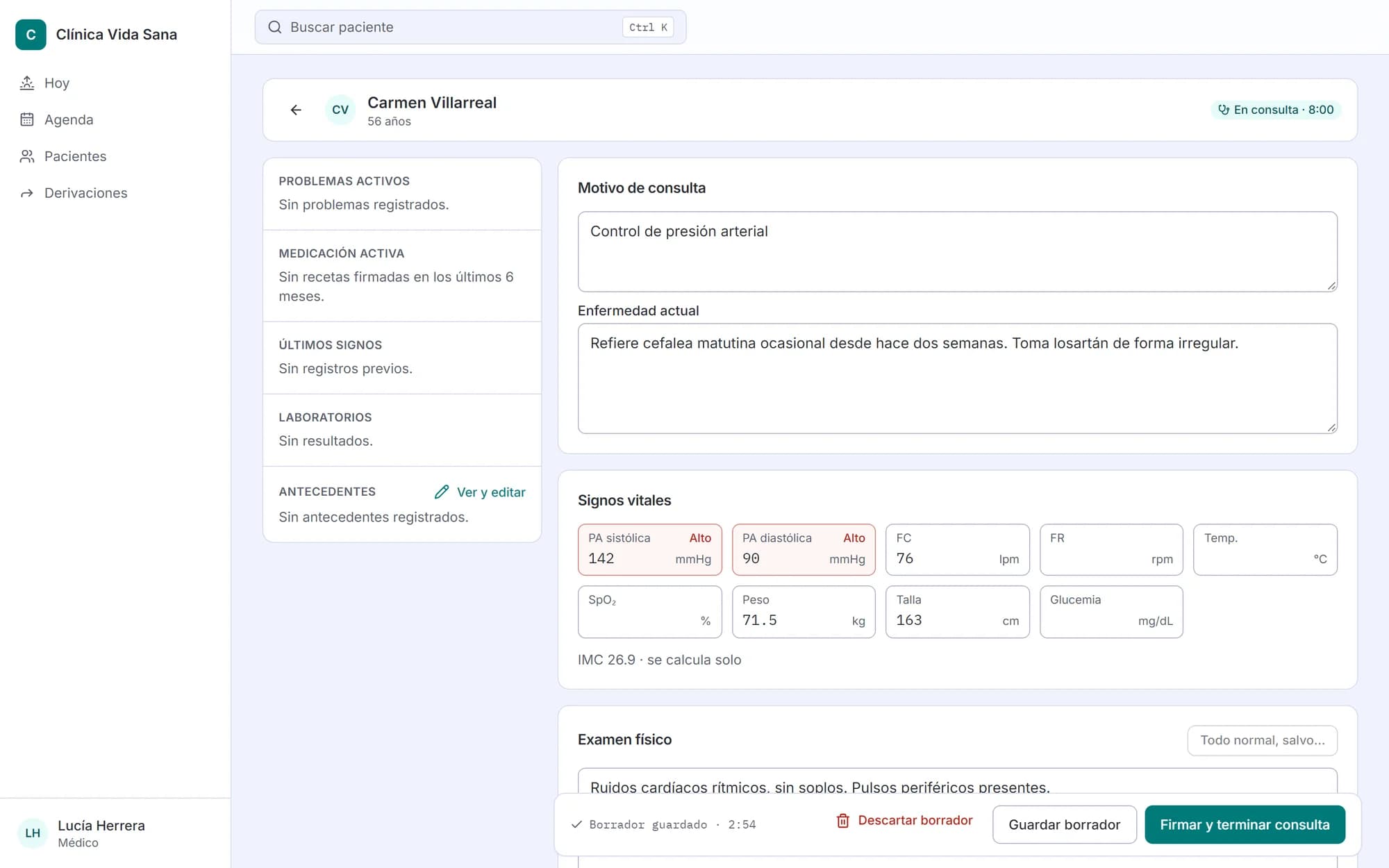 Nota clínica con receta y orden de laboratorio