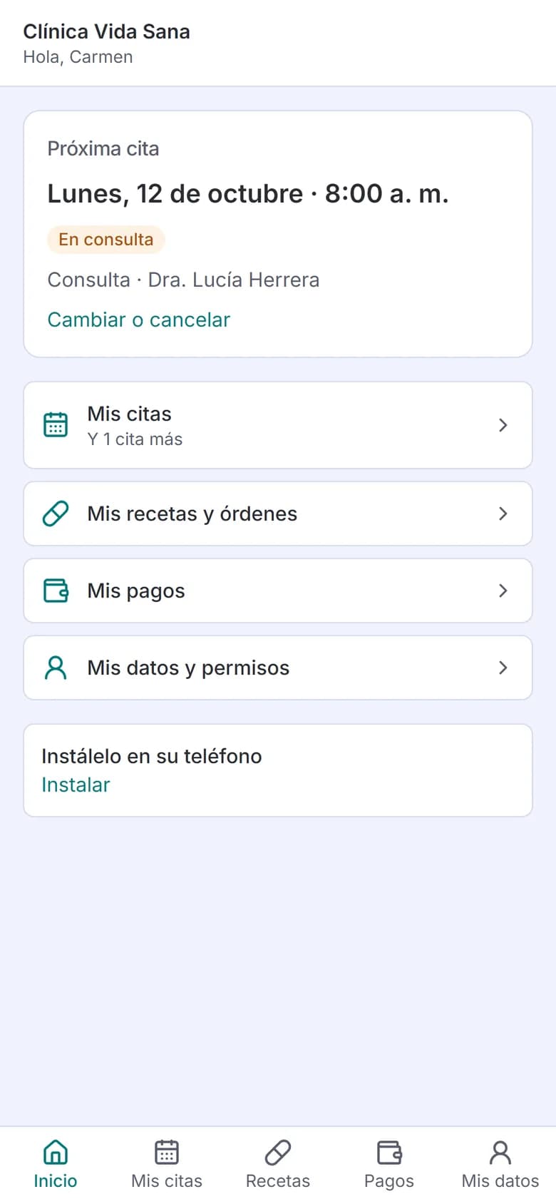 Portal del paciente en un teléfono